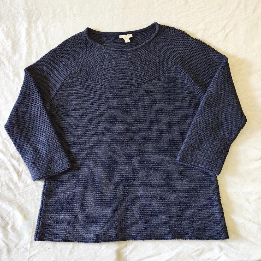 Talbots Navy Blue Ribbed Textured Knit Sweater Boat Neck 3/4 Sleeve Womens M